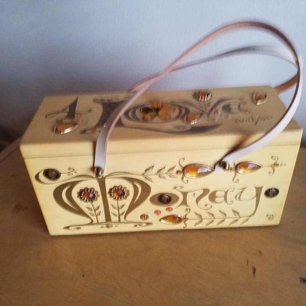 Vintage 1960's ENID COLLINS For Love Or Money Jeweled Wood Box Bag Purse